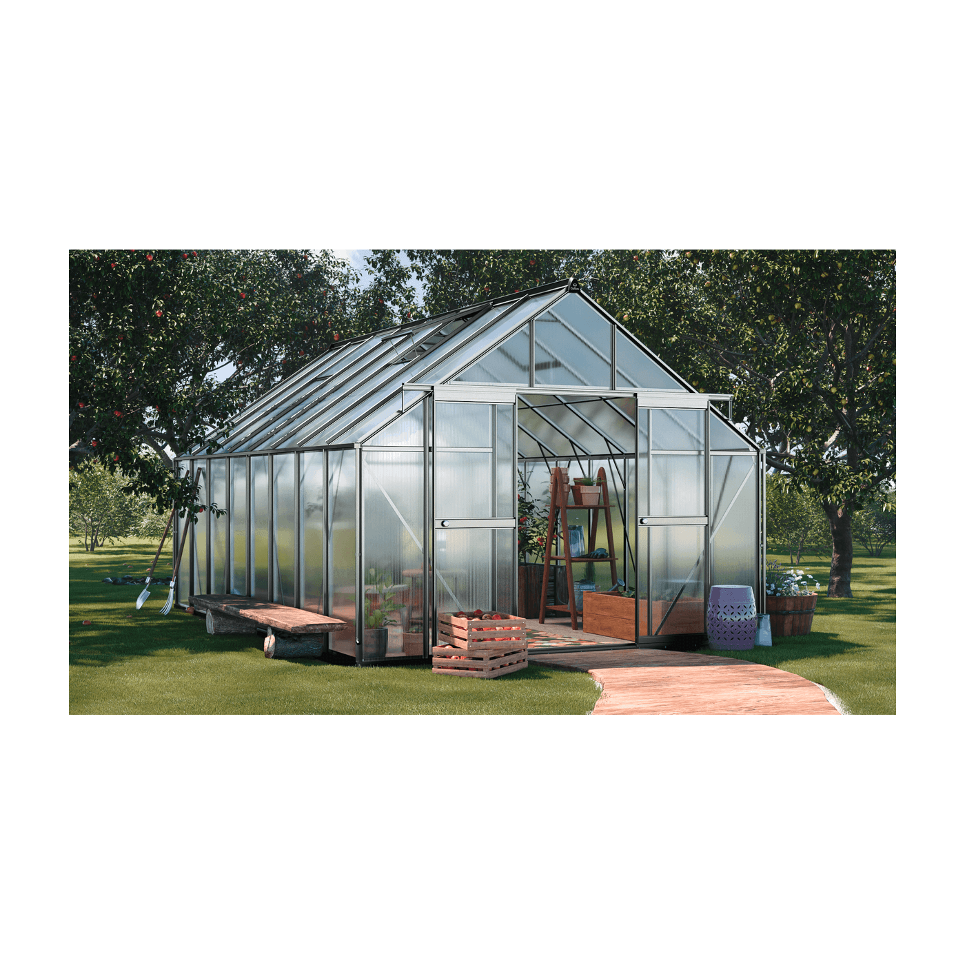 srebrna szklarnia z poliwęglanu w rozmiarze 305x489cm