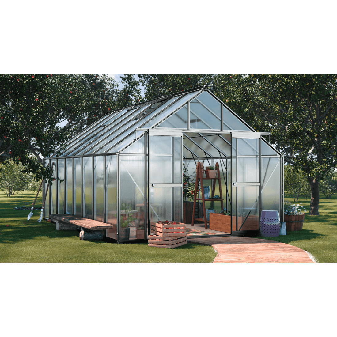 srebrna szklarnia z poliwęglanu w rozmiarze 305x489cm