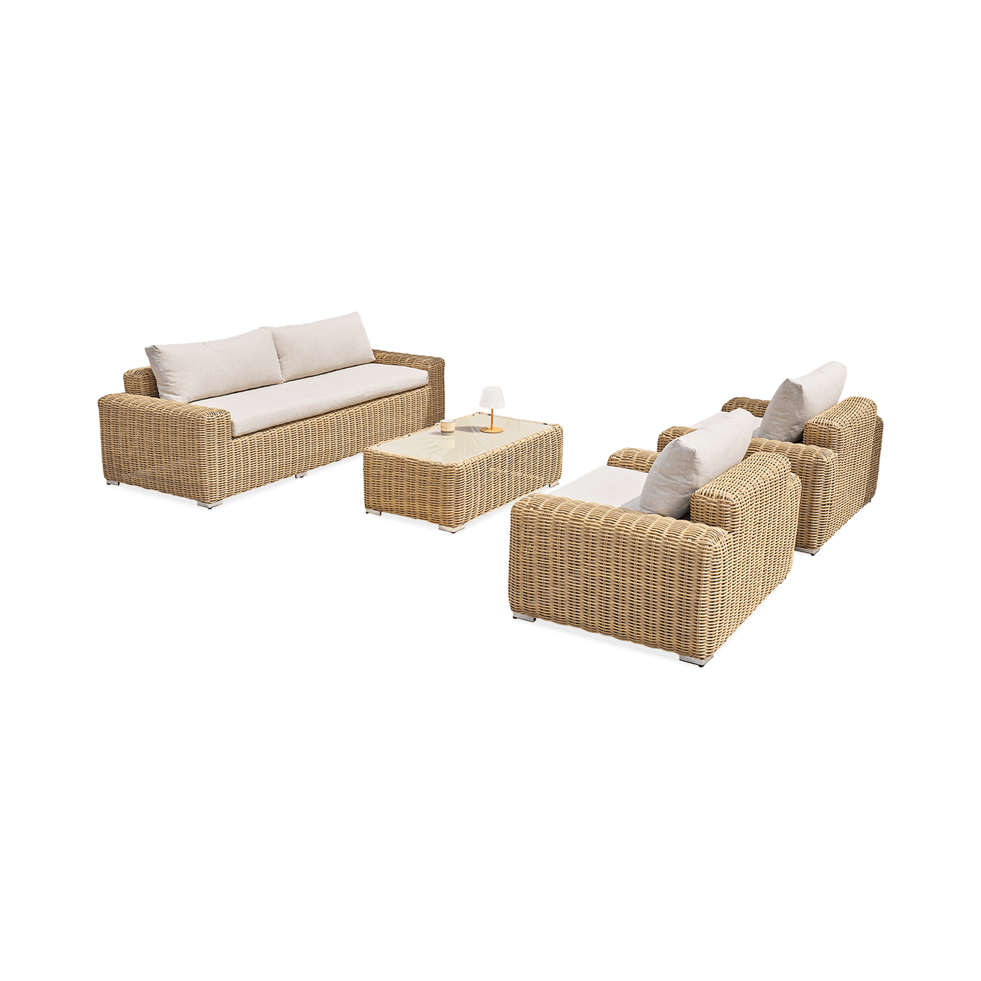 Dwa fotele, sofa i stół wchodzące w skład zestawu JAKARTA CAFFE Beige