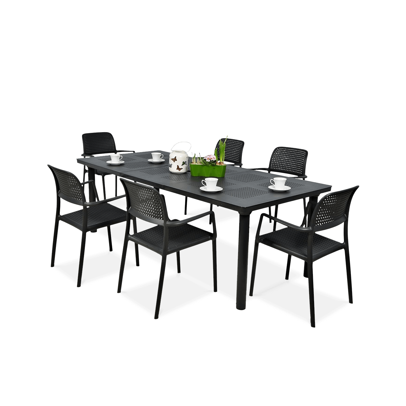 Czarny zestaw mebli jadalnianych do ogrodu z krzesłami i stołem