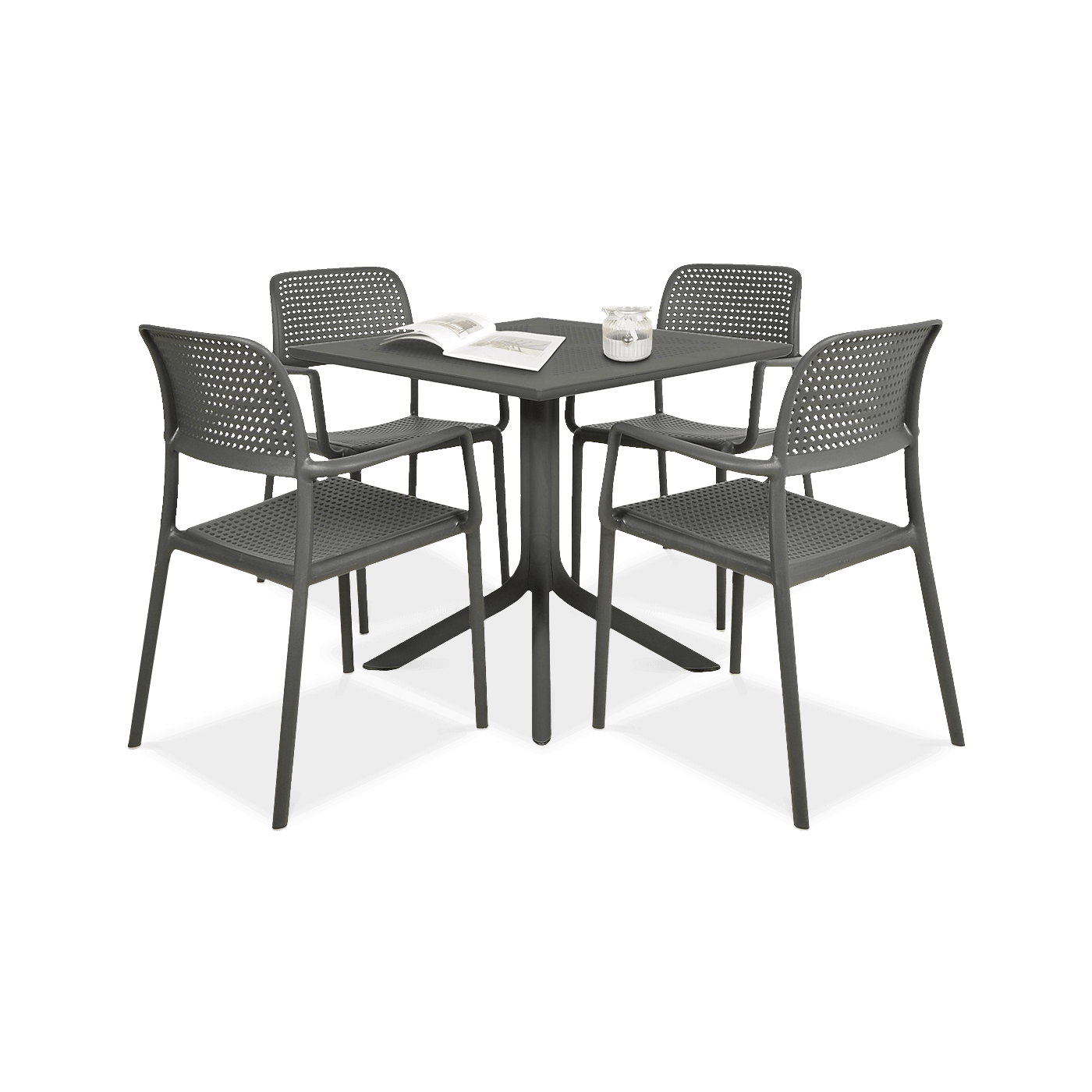 zestaw czarnych mebli jadalnianych z czterema krzesłami i stolikiem