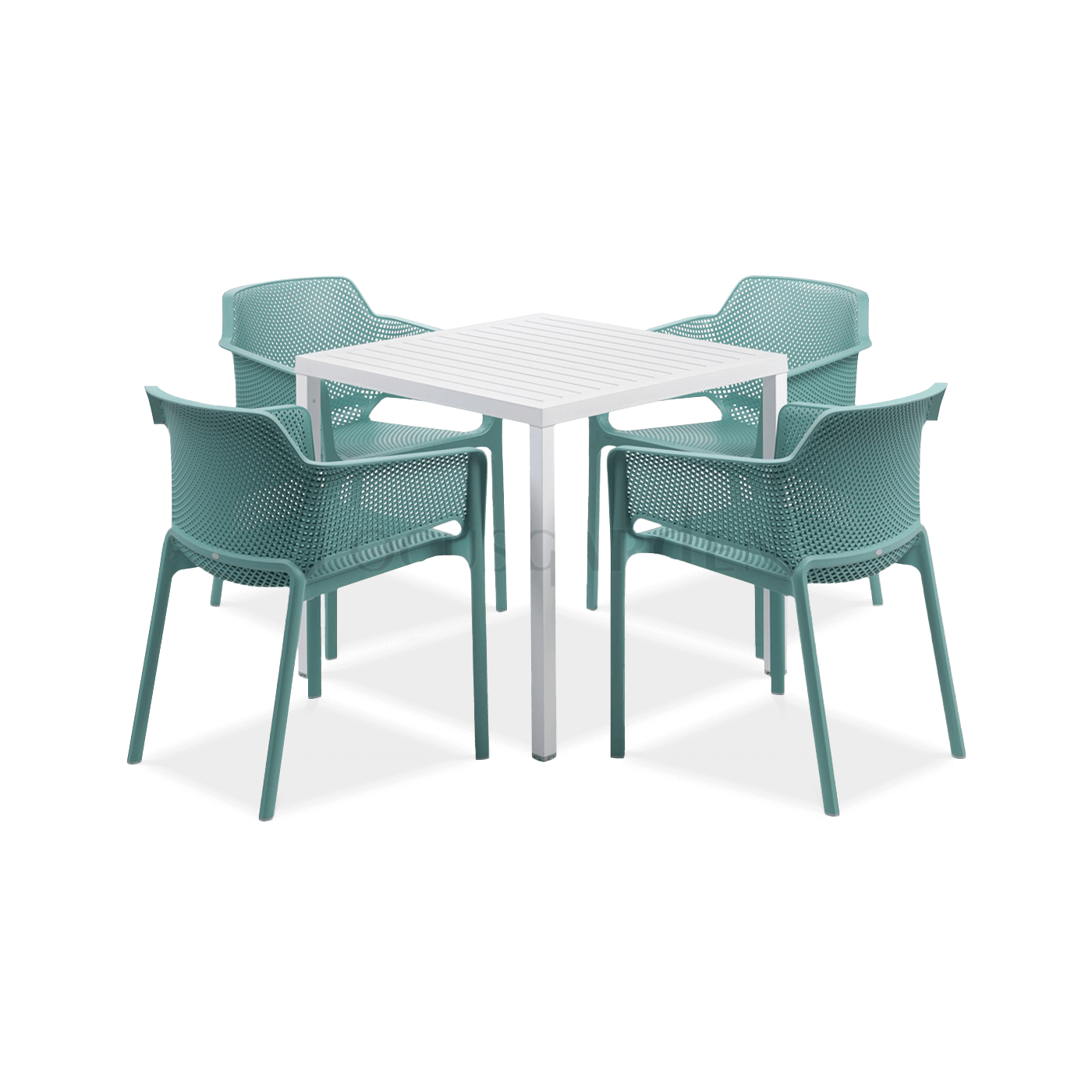 zestaw czterech niebieskich krzeseł jadalnianych oraz białego stolika