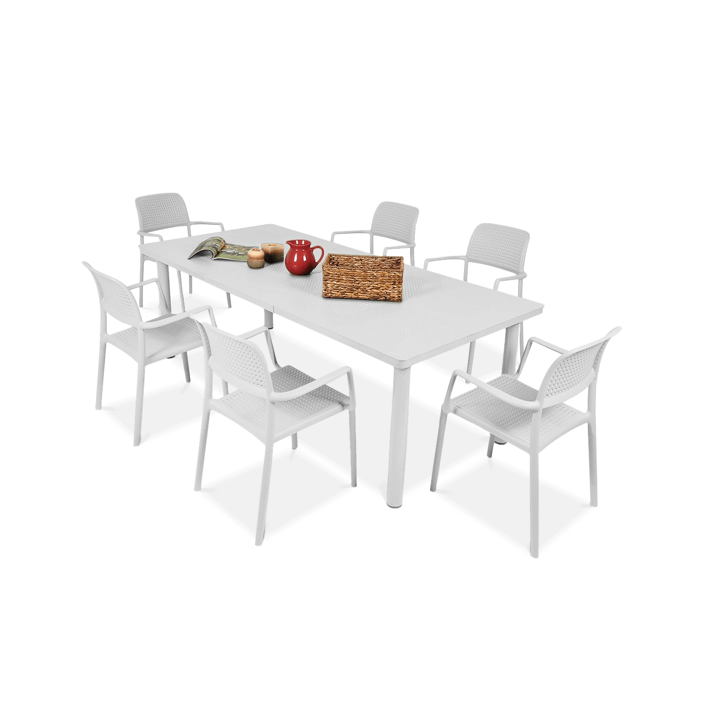 biały zestaw mebli jadalnianych z krzesłami i prostokątnym stołem