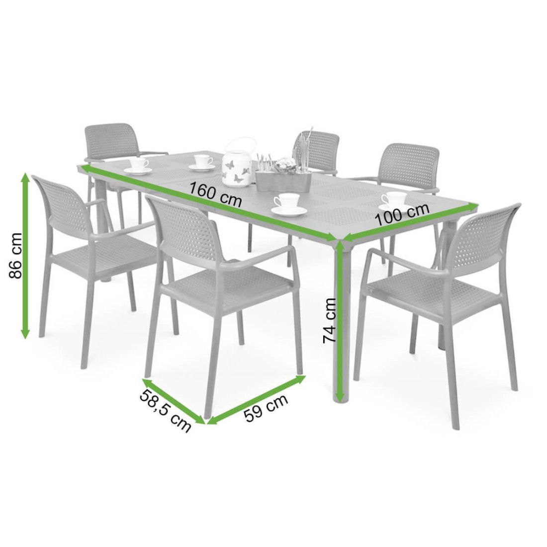 Wymiary krzeseł oraz stołu zestawu meblowego Nardi Bora/Libeccio 