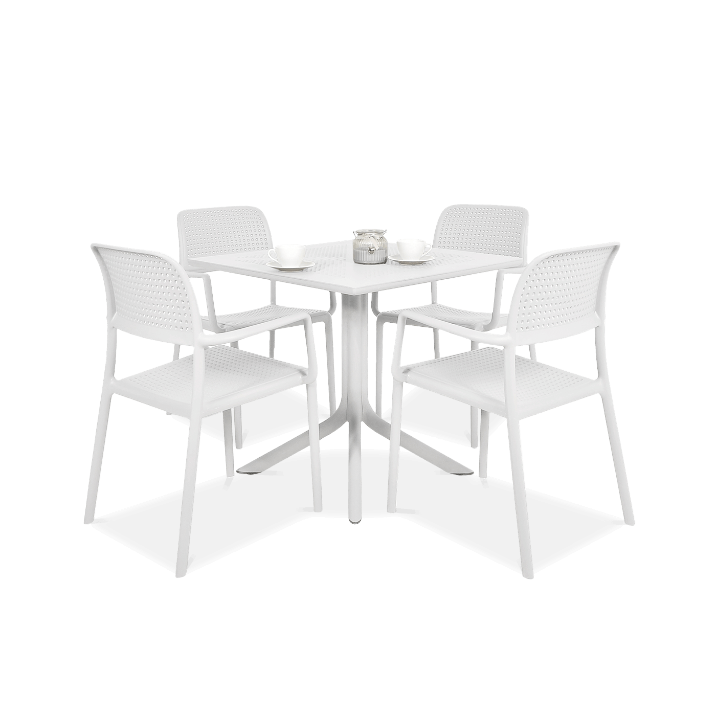 zestaw białych mebli jadalnianych z krzesłami i kwadratowym stolikiem