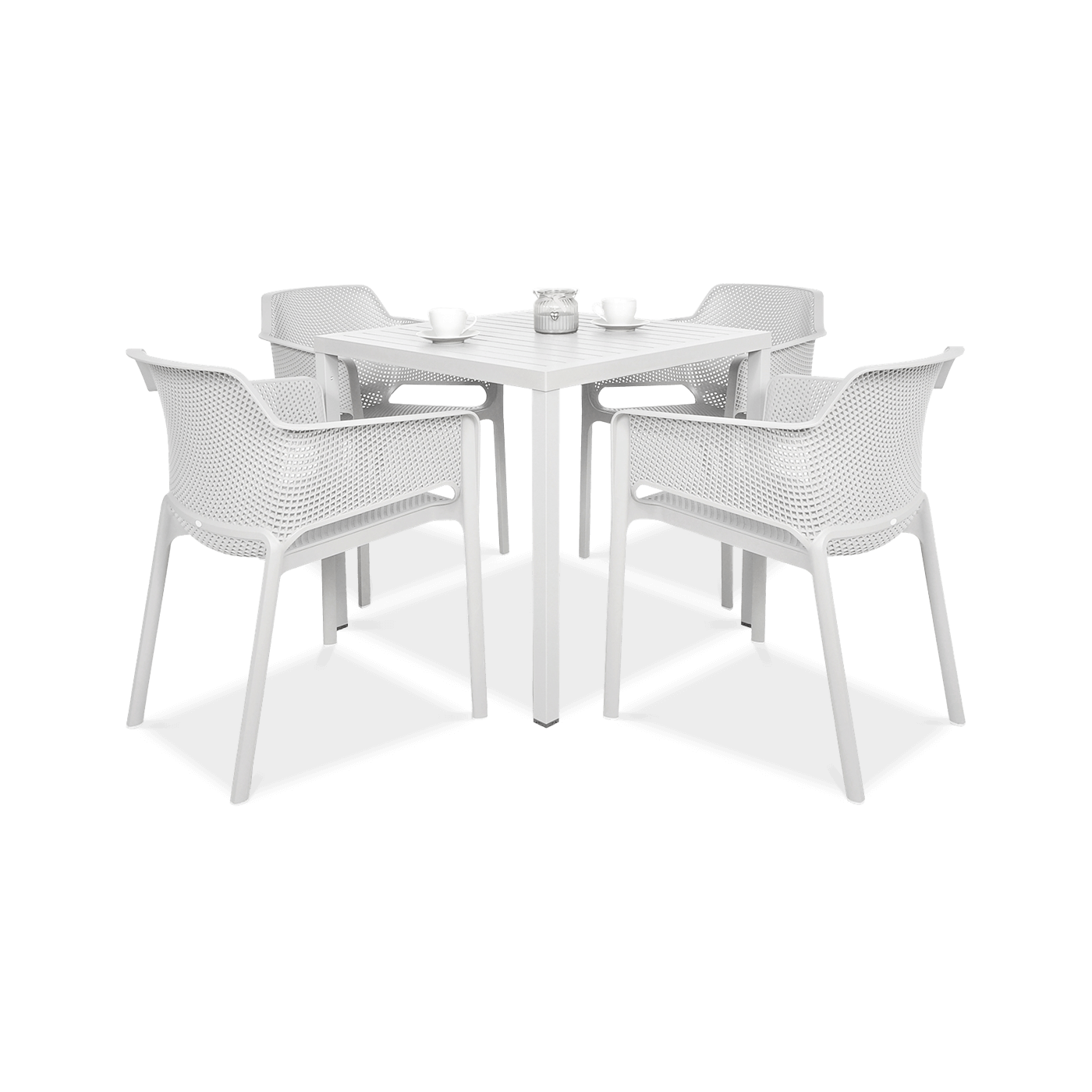 białe meble restauracyjne, krzesła i kwadratowy stół