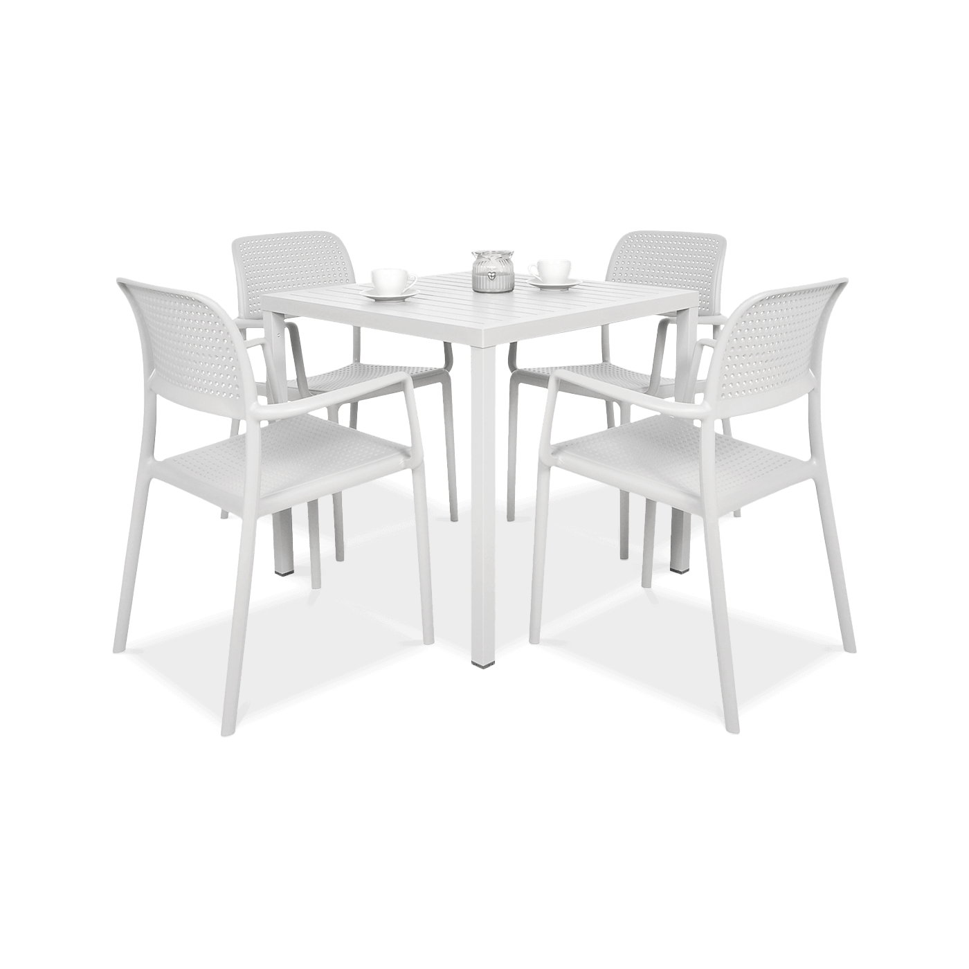 zestaw kawowy w kolorze białym z czterema krzesłami i kwadratowym stolikiem