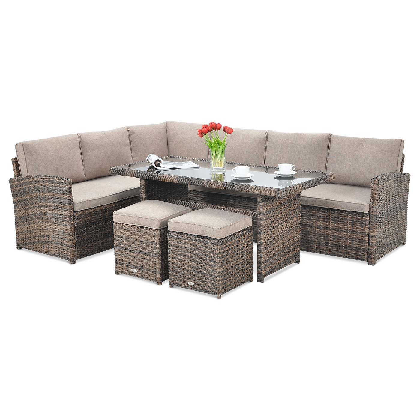 Klasyczny brązowy zestaw wypoczynkowy z technorattanu SALO z pufami, narożnikiem i stołem z szklanym blatem 