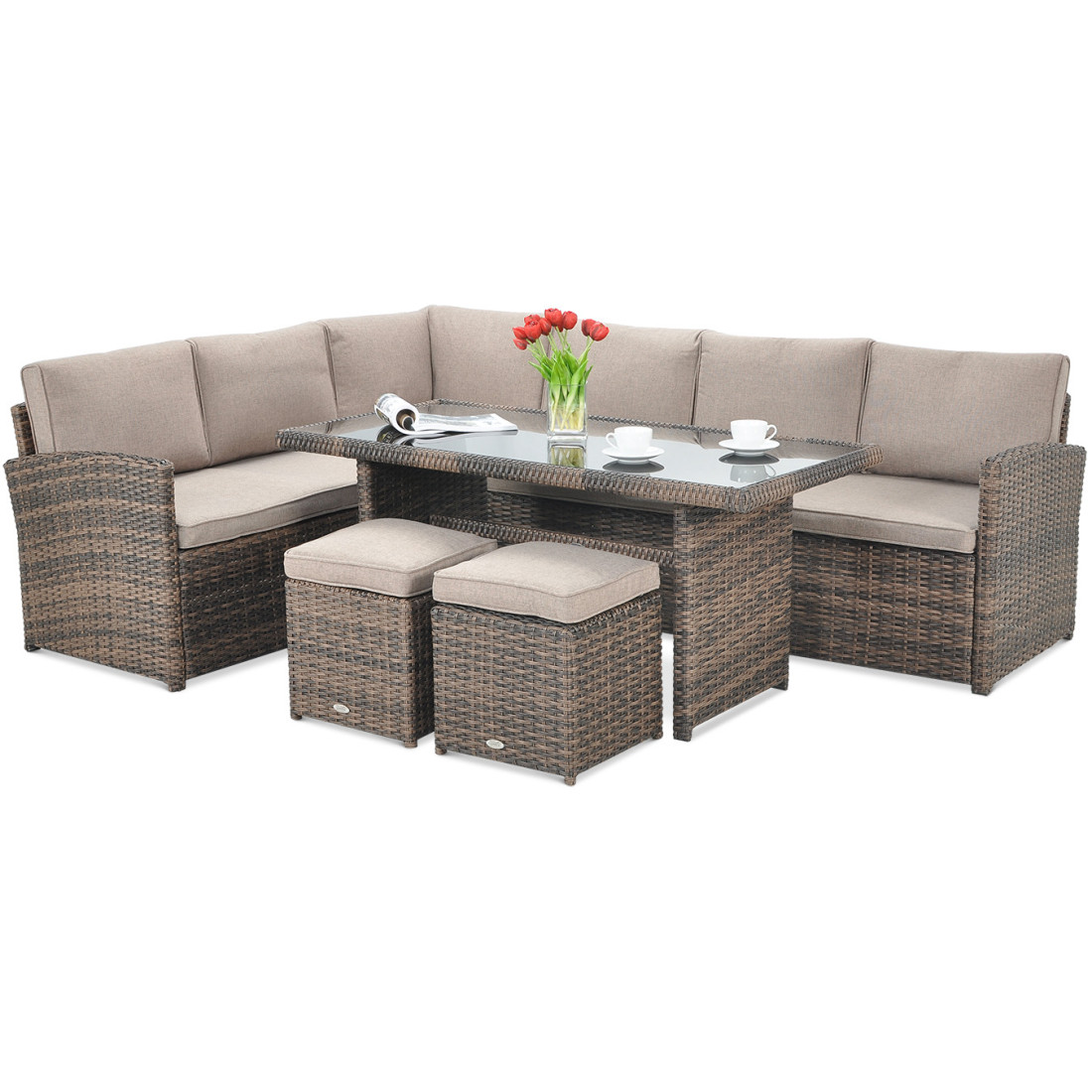 Klasyczny brązowy zestaw wypoczynkowy z technorattanu SALO z pufami, narożnikiem i stołem z szklanym blatem 