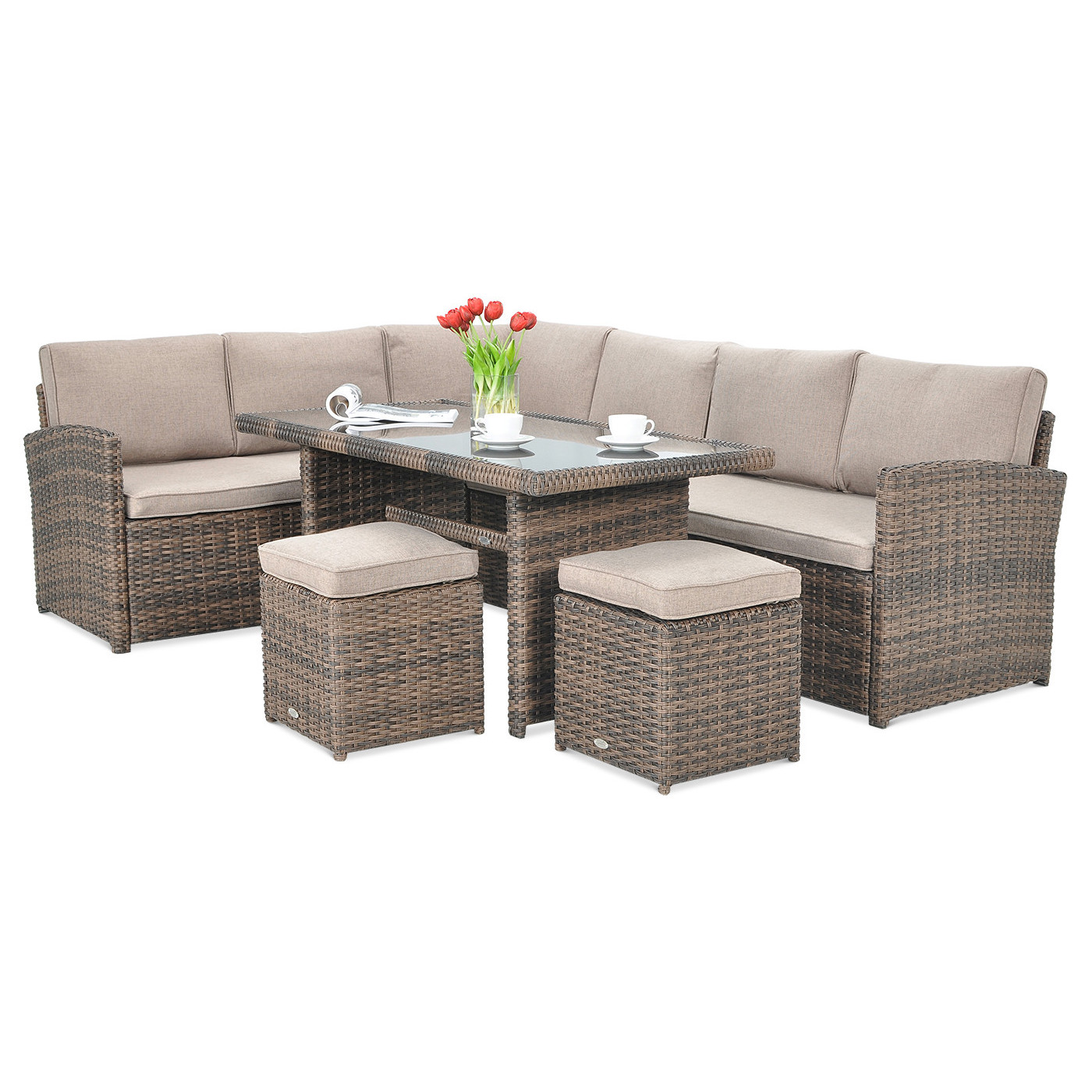 Wygodny zestaw technorattanowy w kolorze brązowym SALO z pufami obok stołu jadalnianego i dużym narożnikiem