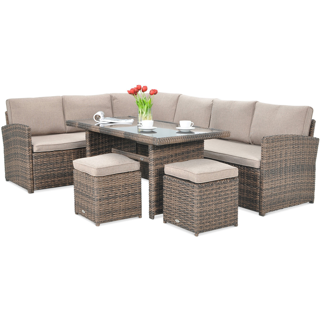 Wygodny zestaw technorattanowy w kolorze brązowym SALO z pufami obok stołu jadalnianego i dużym narożnikiem