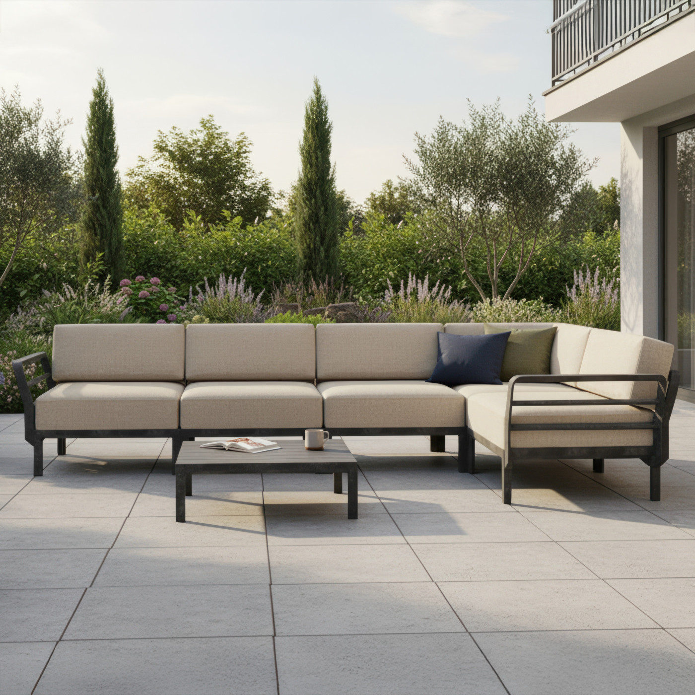 MAXIMO 5 BASALTO-PERLA CORNER SOFA + MAXIMO BASALTO TABLE