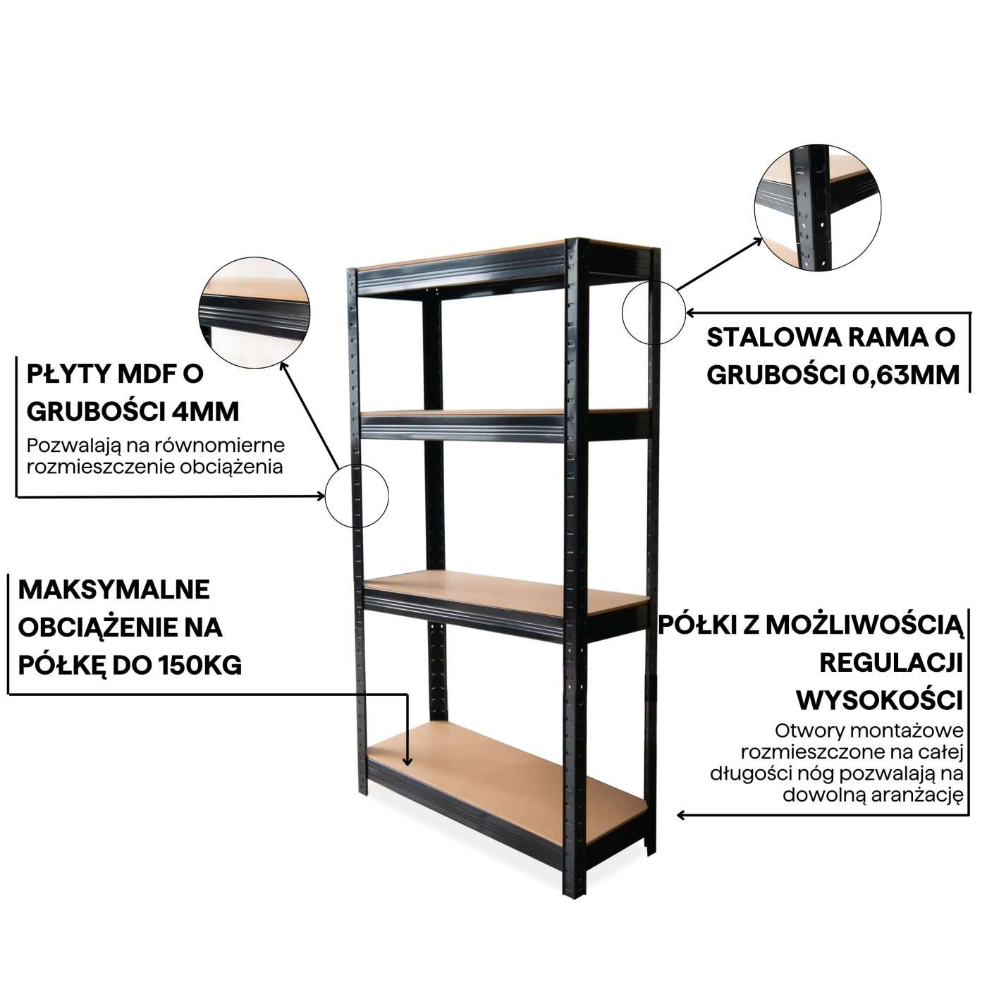 METAL SHELF 150x70x30CM BLACK