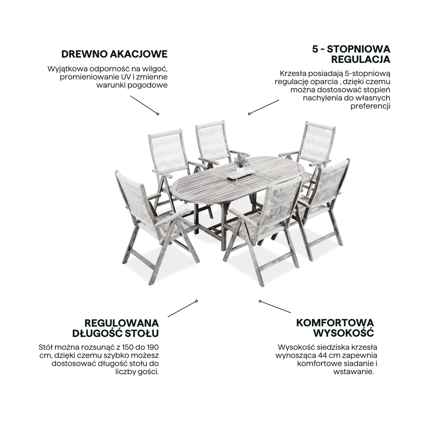 AKADIA ROPE DINING 190/6 ZESTAW ACACIA WOOD