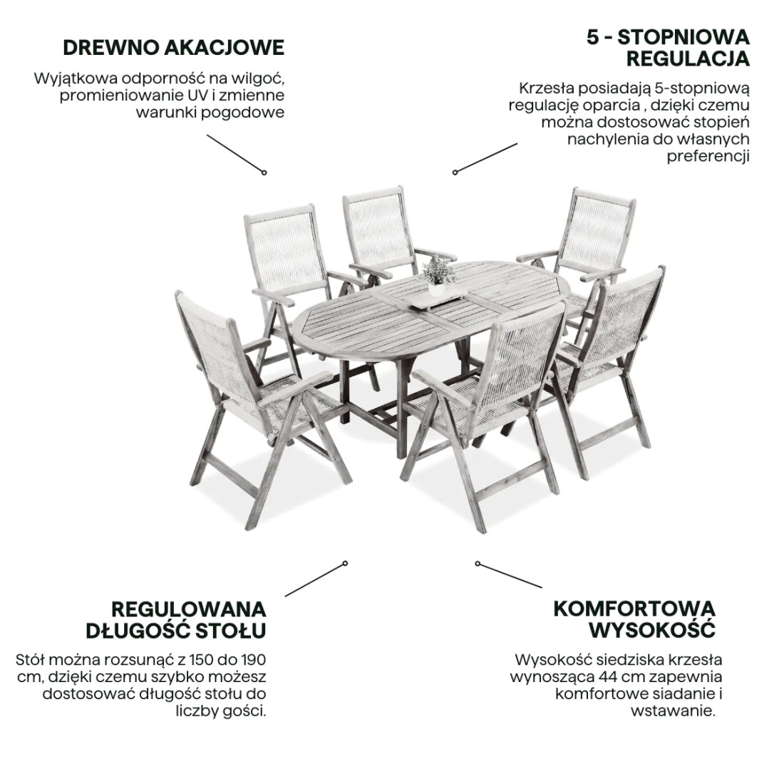 AKADIA ROPE DINING 190/6 ZESTAW ACACIA WOOD