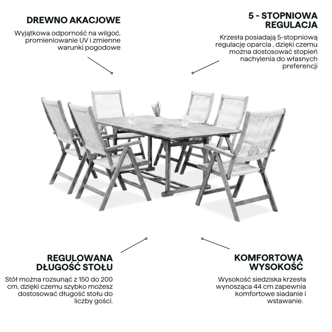 AKADIA ROPE DINING 200/6 ZESTAW ACACIA WOOD