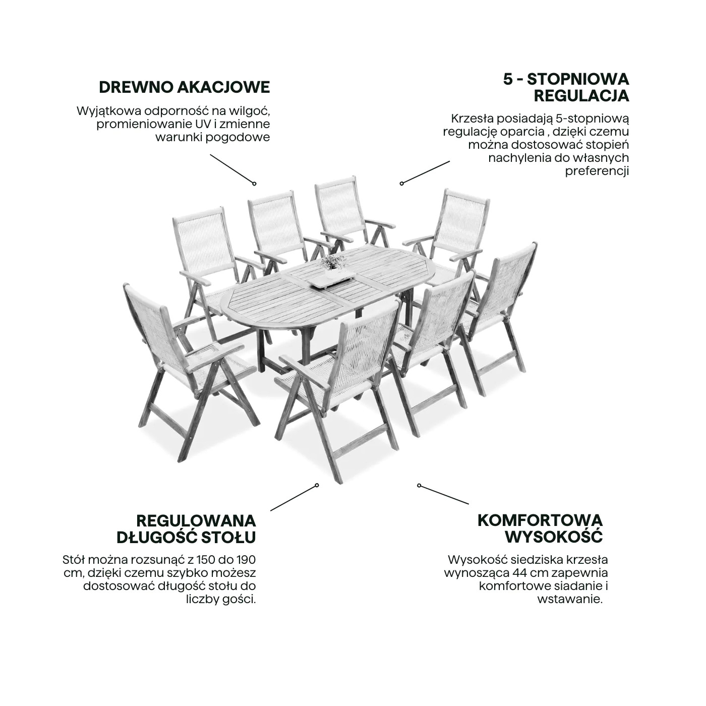 AKADIA ROPE DINING 190/8 ZESTAW ACACIA WOOD