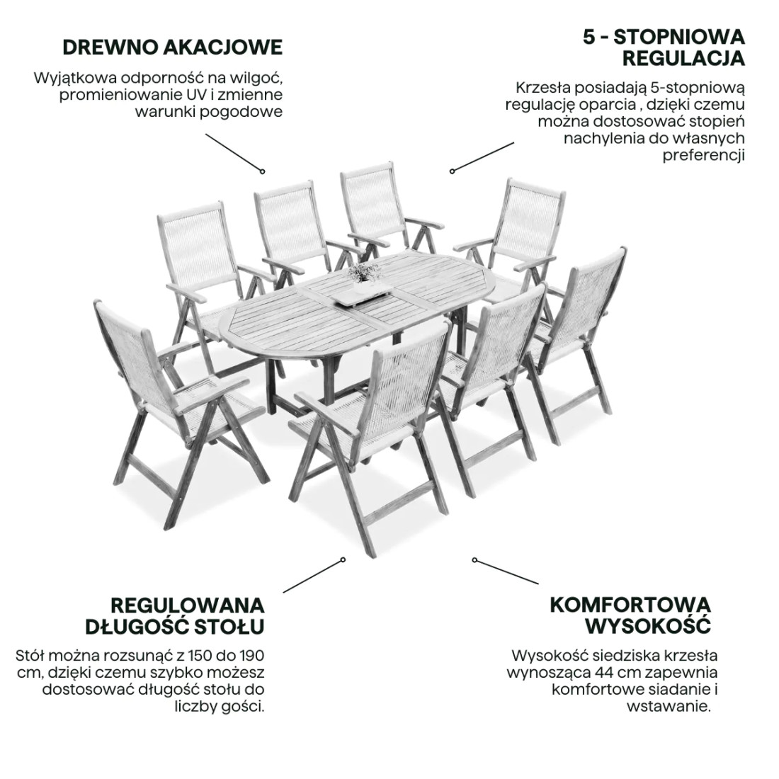 AKADIA ROPE DINING 190/8 ZESTAW ACACIA WOOD