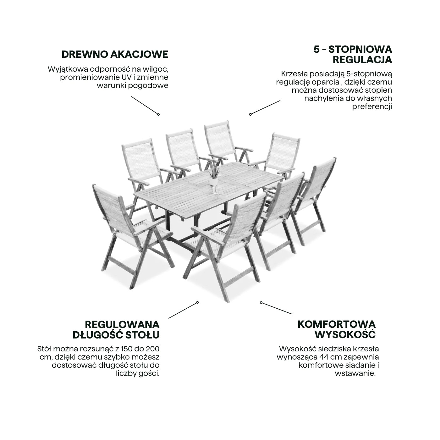 AKADIA ROPE DINING 200/8 ZESTAW ACACIA WOOD