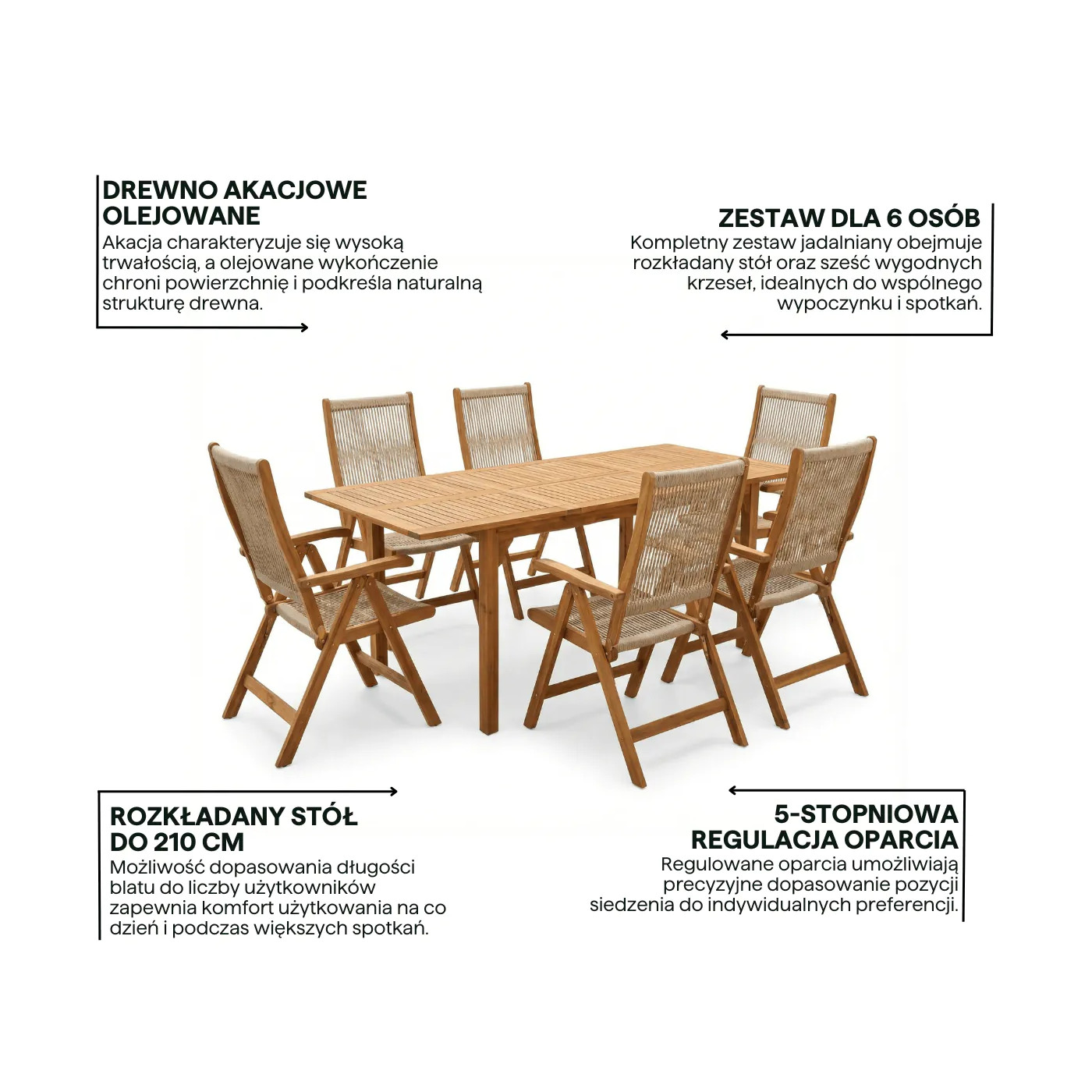AKADIA ROPE DINING 210/6 ZESTAW ACACIA WOOD
