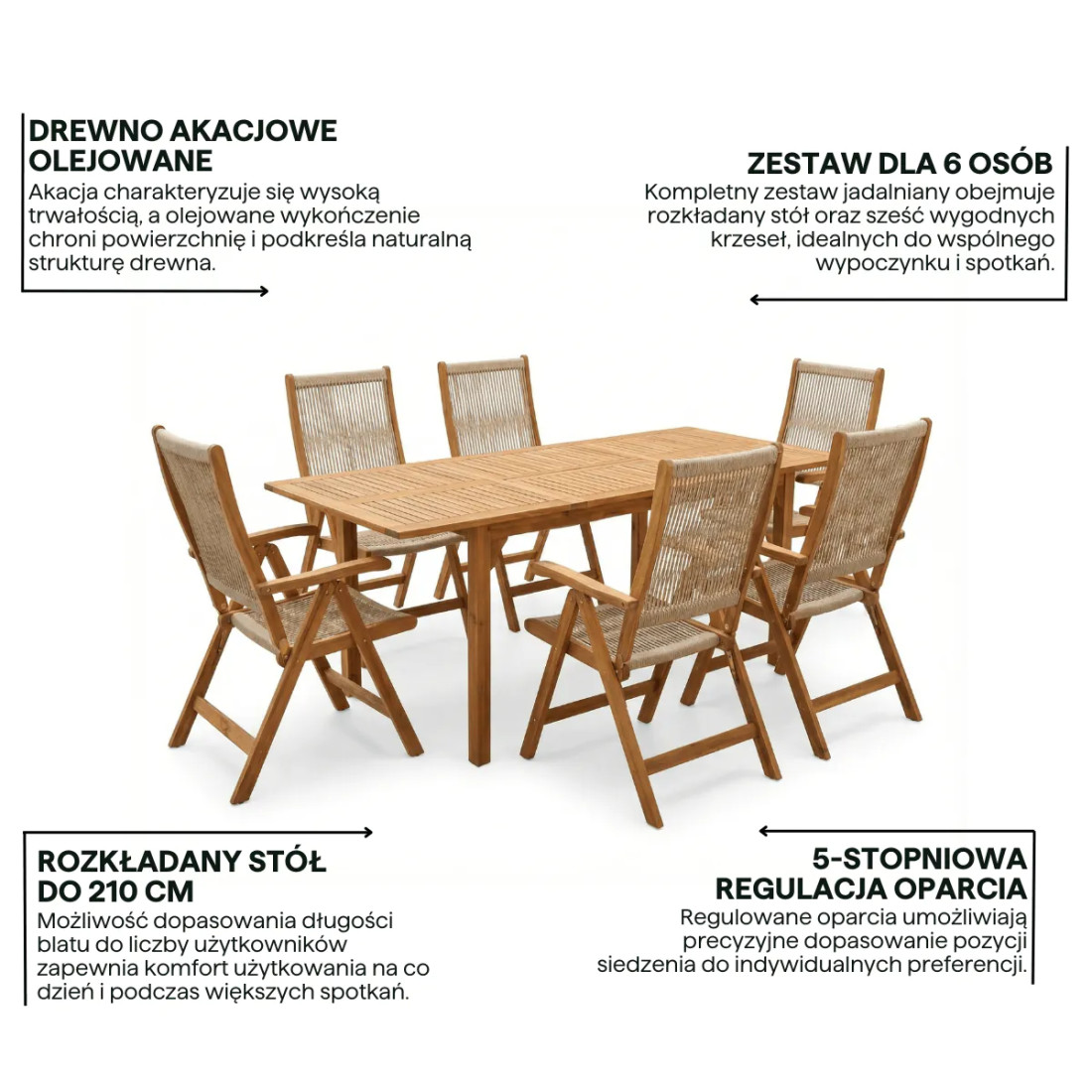 AKADIA ROPE DINING 210/6 ZESTAW ACACIA WOOD