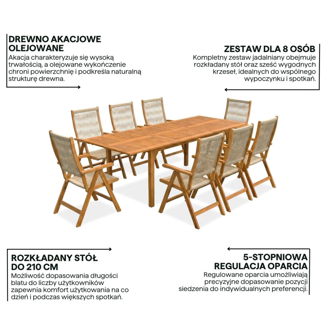 AKADIA ROPE DINING 210/8 ZESTAW ACACIA WOOD